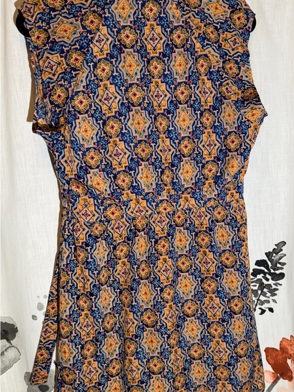 Anthropologie Tulle Women's Navy & Orange Printed V-Neck Tie-Waist Dress - Picture 6 of 11